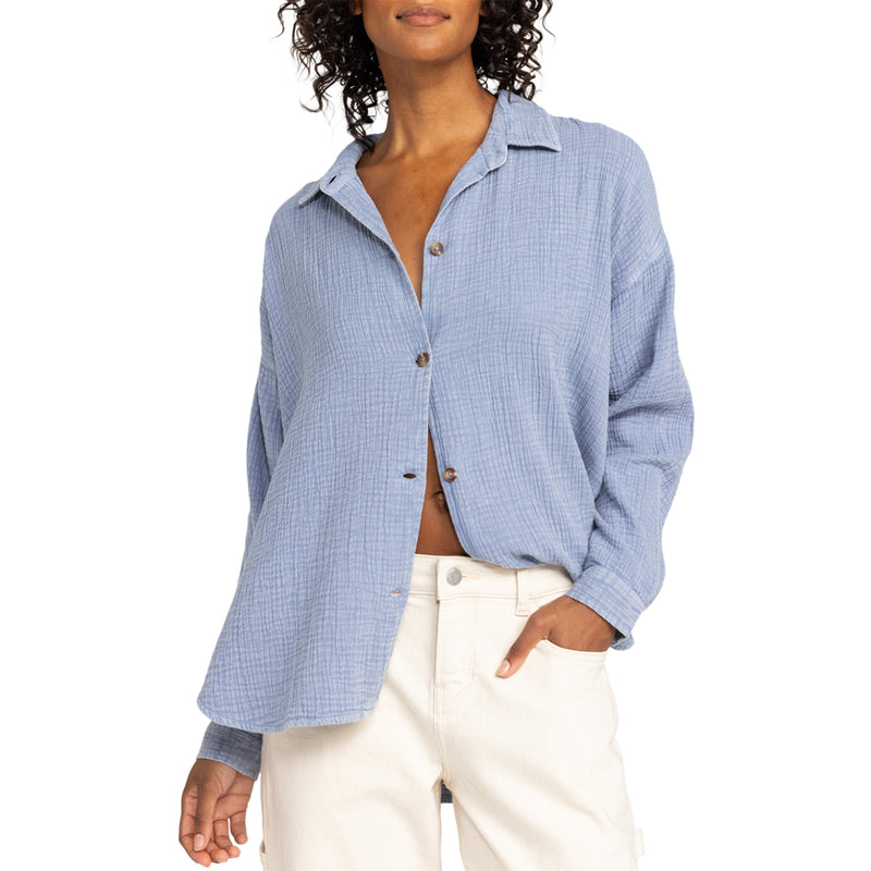 Load image into Gallery viewer, Roxy Women&#39;s Morning Time Washed Long Sleeve Button-Up Shirt
