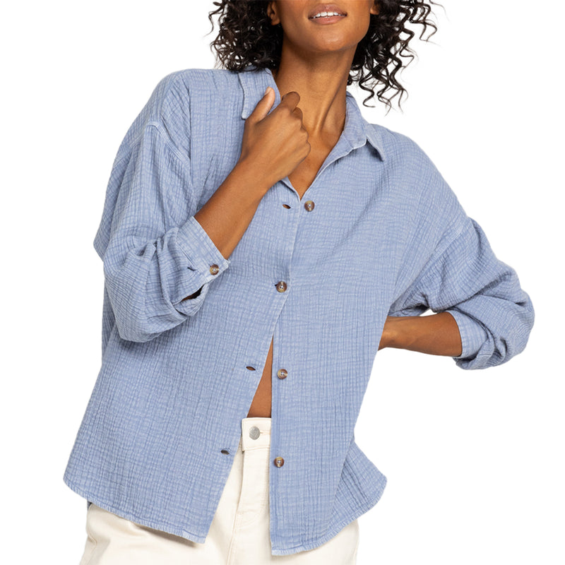 Load image into Gallery viewer, Roxy Women&#39;s Morning Time Washed Long Sleeve Button-Up Shirt
